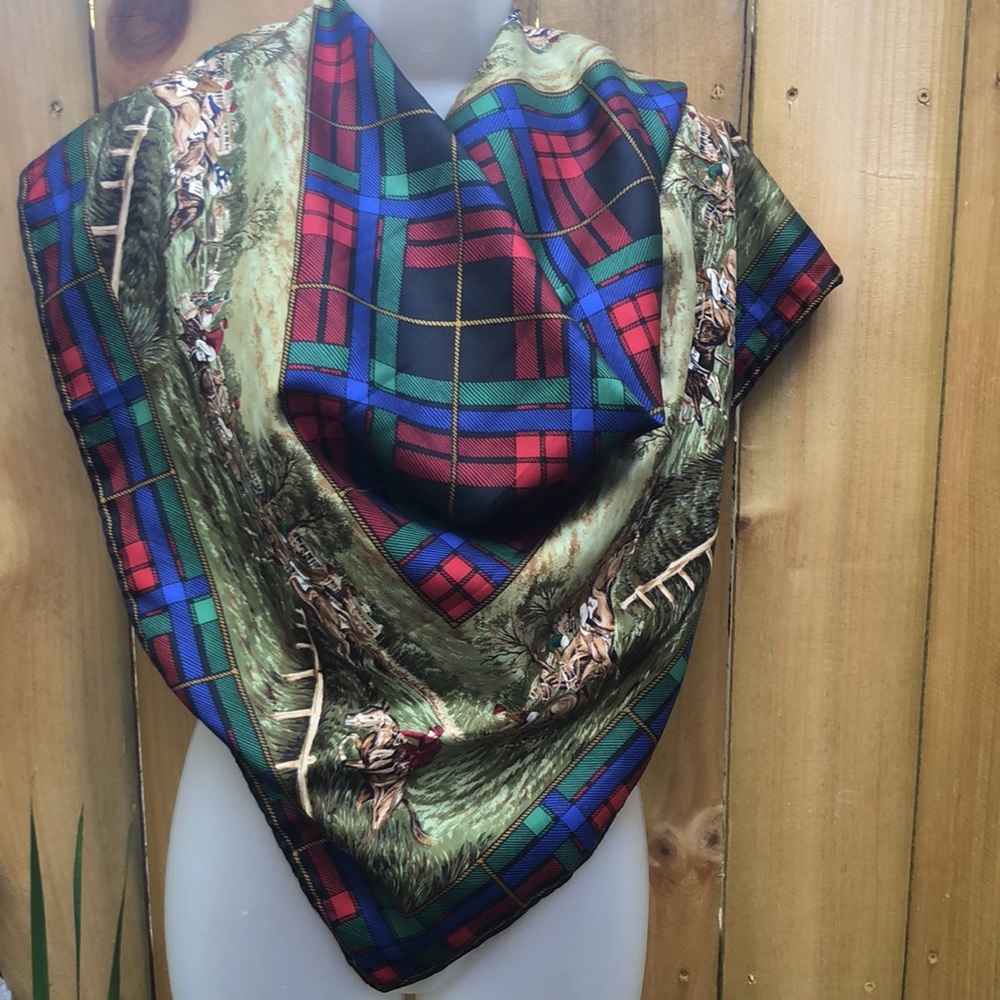 Hunt  Scene Border Print Geometric Large Square Silk Scarf 33" Picci